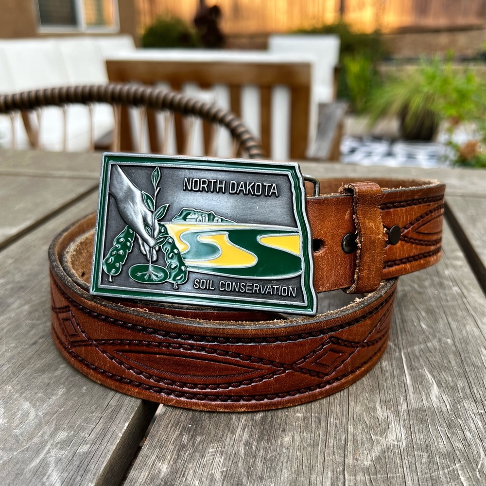 Vintage Chambers Tooled Leather Belt with North Dakota Soil Conservation Buckle
